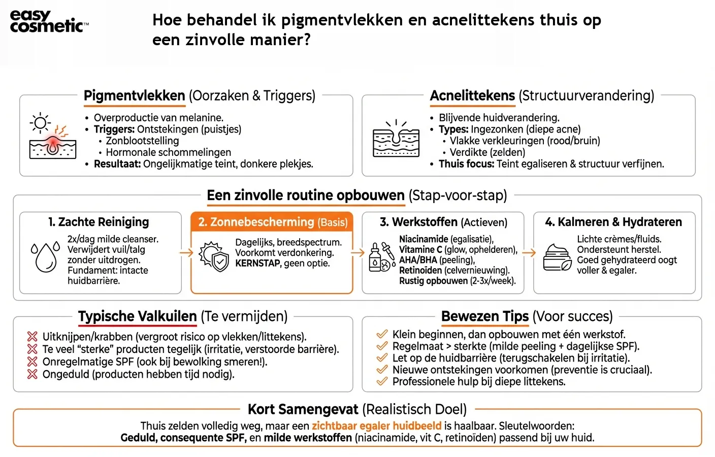 Hoe behandel ik pigmentvlekken en acnelittekens thuis op een zinvolle manier?