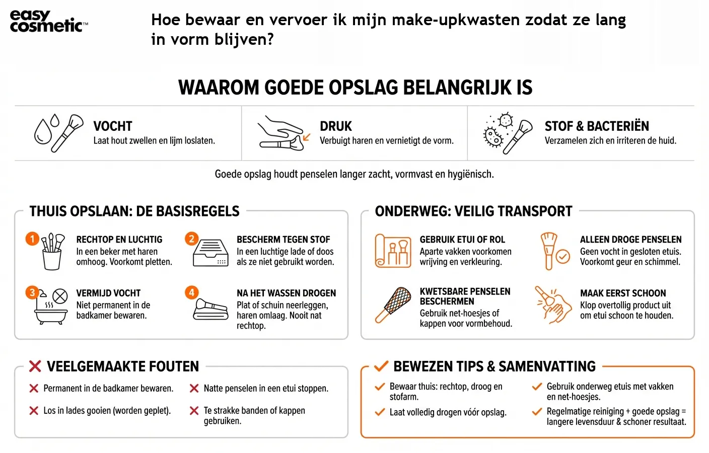 Hoe bewaar en vervoer ik mijn make-upkwasten zodat ze lang in vorm blijven?