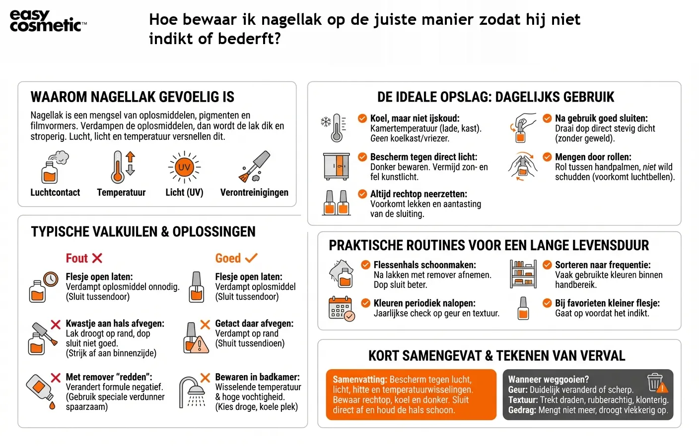 Hoe bewaar ik nagellak op de juiste manier zodat hij niet indikt of bederft?