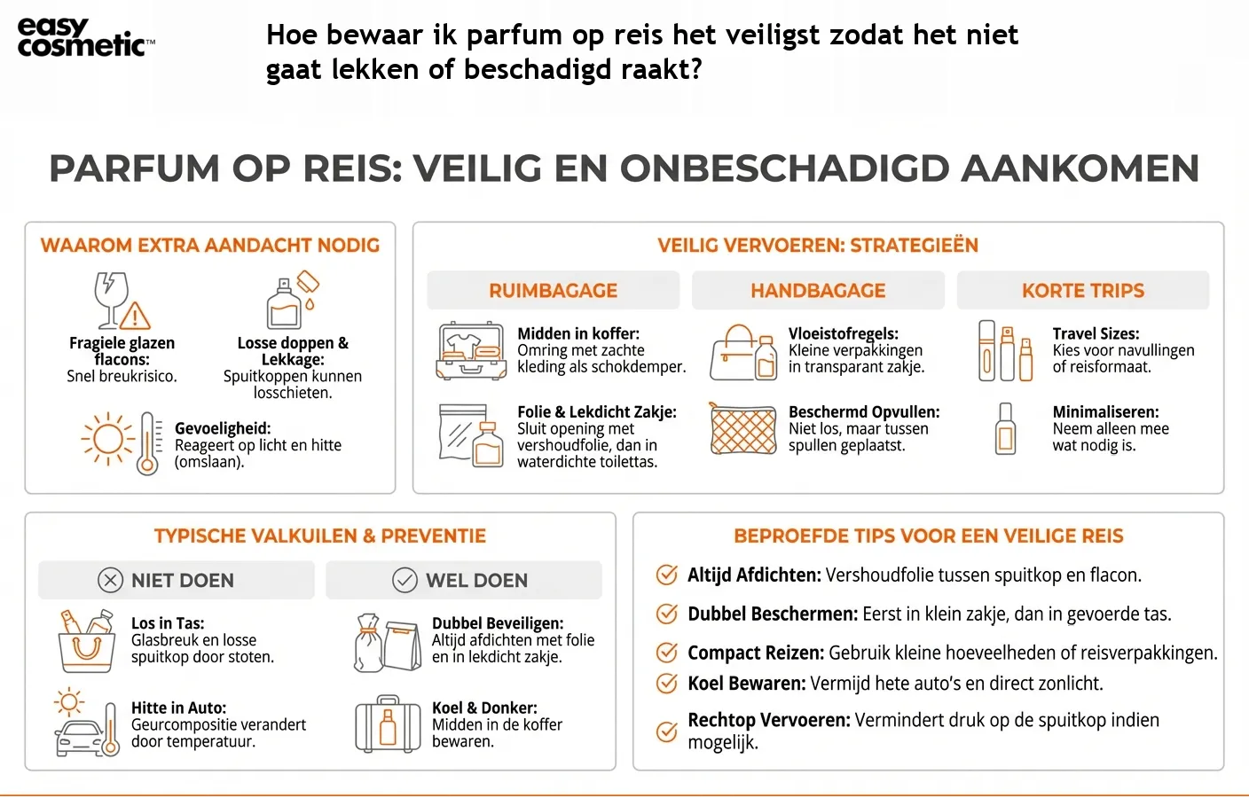 Hoe bewaar ik parfum op reis het veiligst zodat het niet gaat lekken of beschadigd raakt?