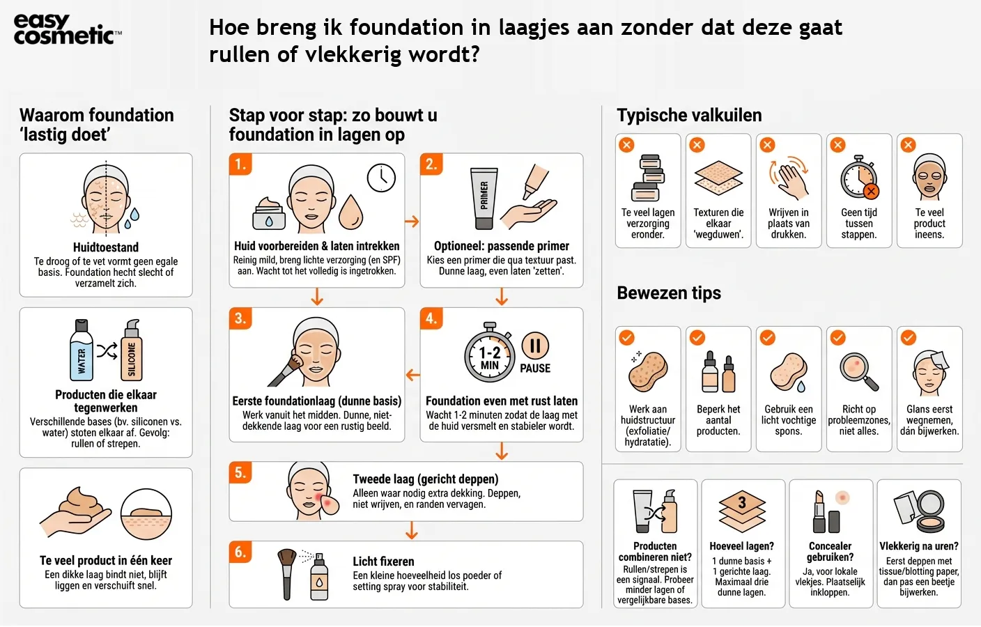 Hoe breng ik foundation in laagjes aan zonder dat deze gaat rullen of vlekkerig wordt?