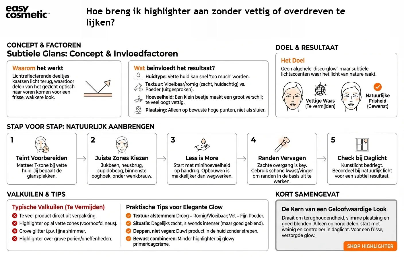 Hoe breng ik highlighter aan zonder vettig of overdreven te lijken?