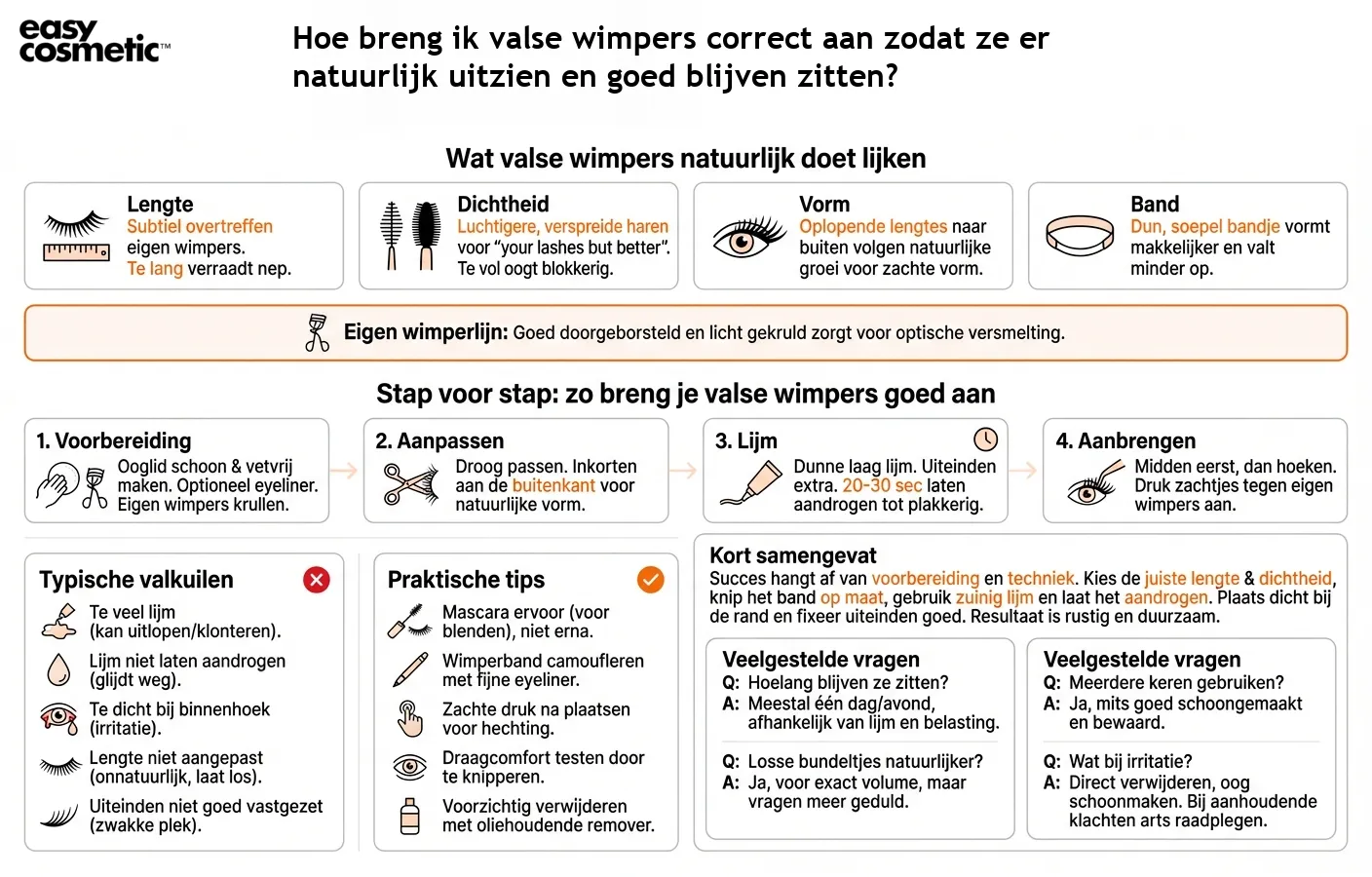 Hoe breng ik valse wimpers correct aan zodat ze er natuurlijk uitzien en goed blijven zitten?