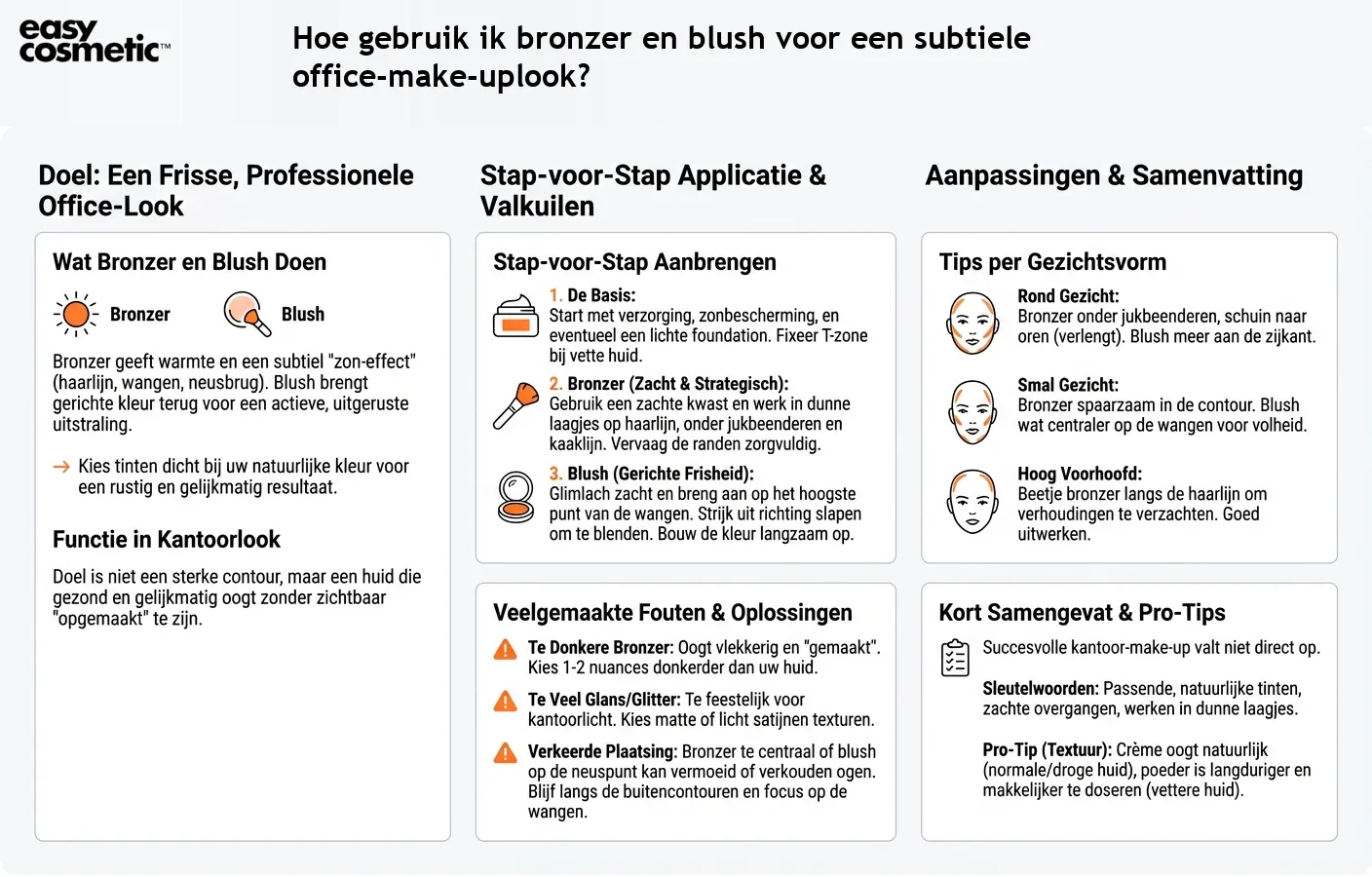 Hoe gebruik ik bronzer en blush voor een subtiele office-make-uplook?