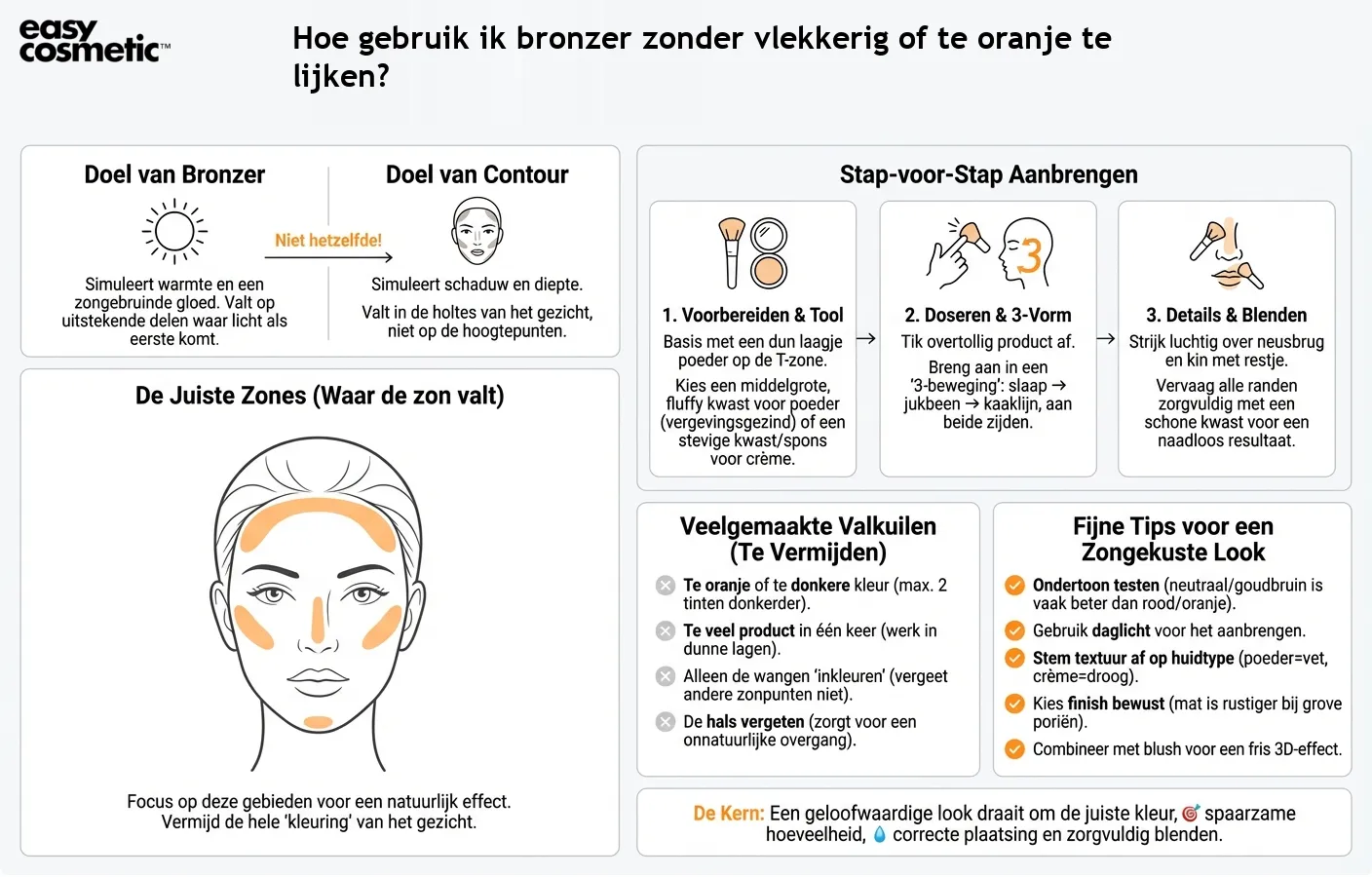 Hoe gebruik ik bronzer zonder vlekkerig of te oranje te lijken?