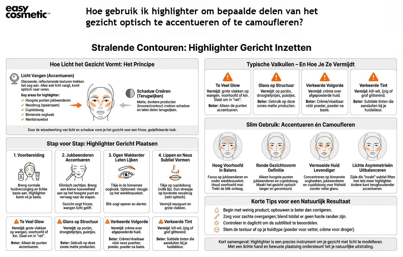 Hoe gebruik ik highlighter om bepaalde delen van het gezicht optisch te accentueren of te camoufleren?