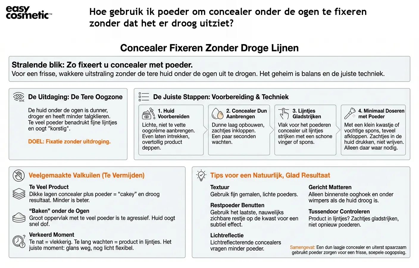 Hoe gebruik ik poeder om concealer onder de ogen te fixeren zonder dat het er droog uitziet?