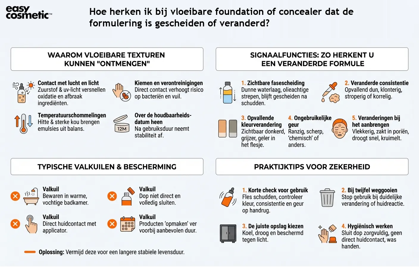 Hoe herken ik bij vloeibare foundation of concealer dat de formulering is gescheiden of veranderd?