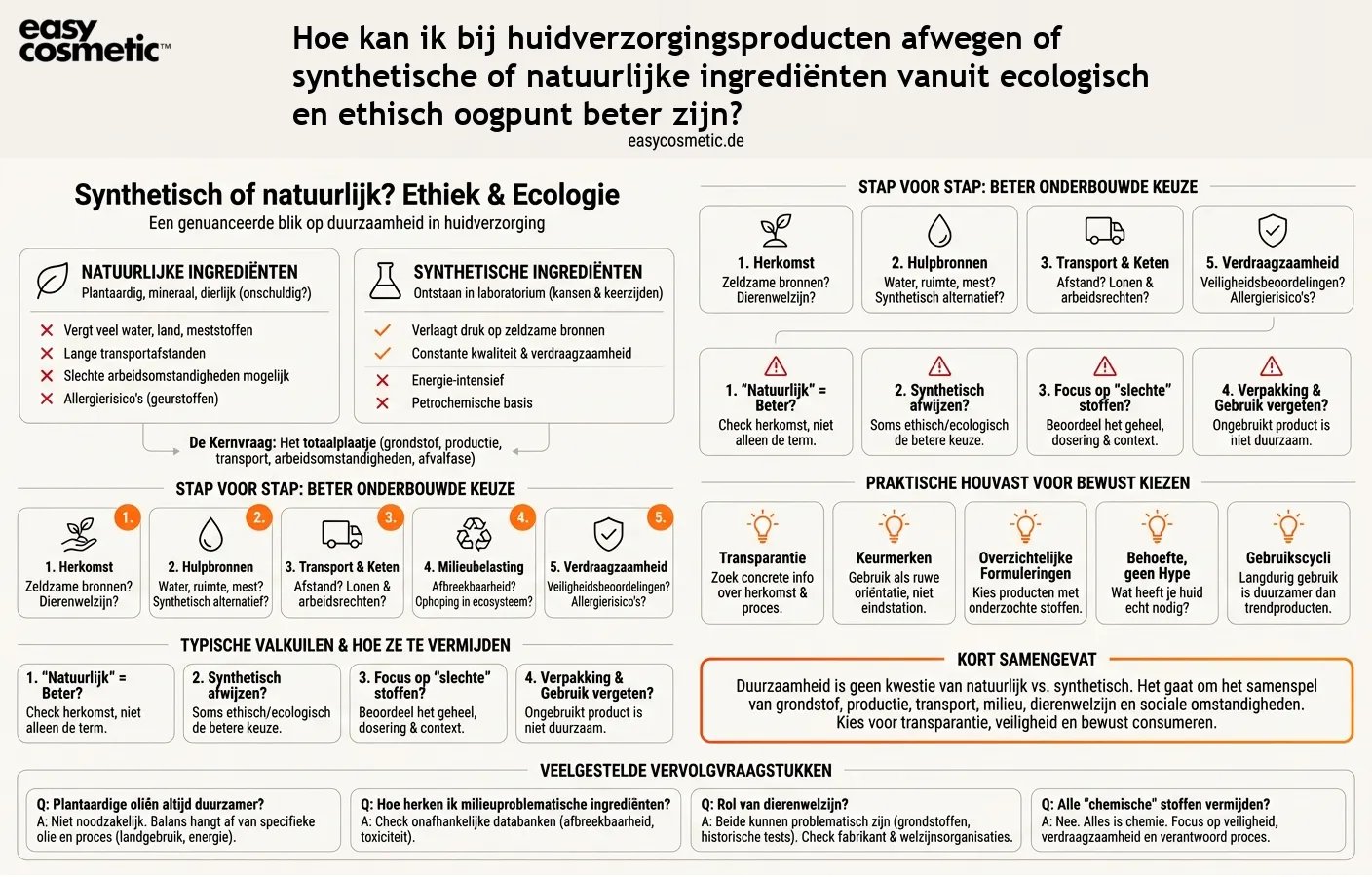 Hoe kan ik bij huidverzorgingsproducten afwegen of synthetische of natuurlijke ingrediënten vanuit ecologisch en ethisch oogpunt beter zijn?