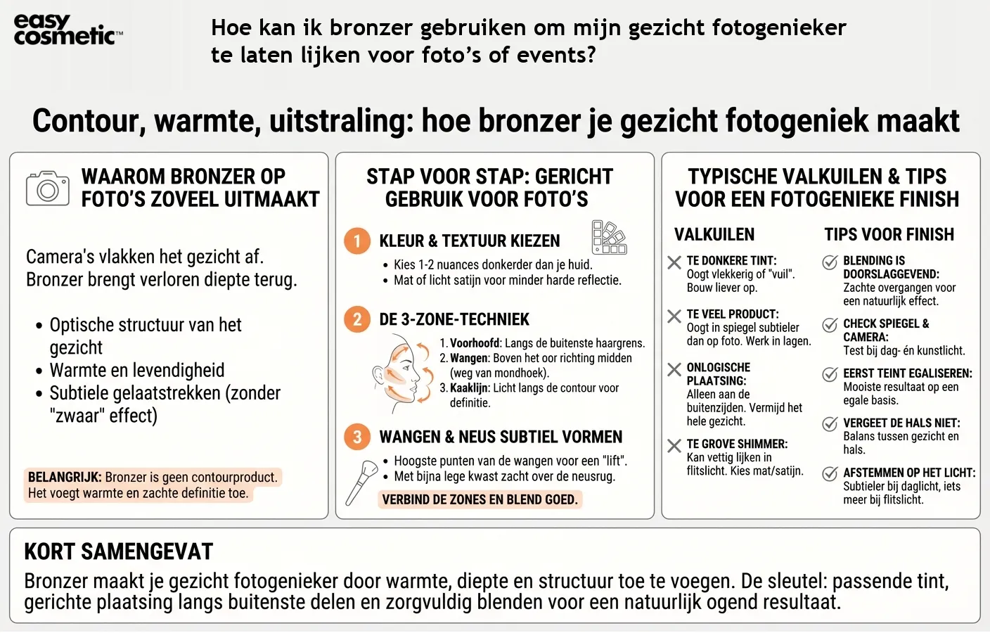 Hoe kan ik bronzer gebruiken om mijn gezicht fotogenieker te laten lijken voor foto’s of events?