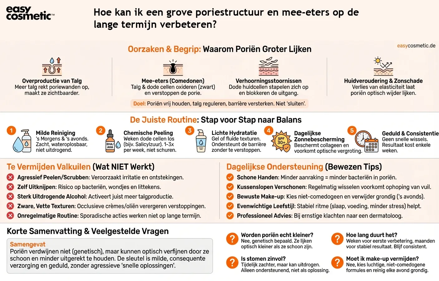 Hoe kan ik een grove poriestructuur en mee-eters op de lange termijn verbeteren?
