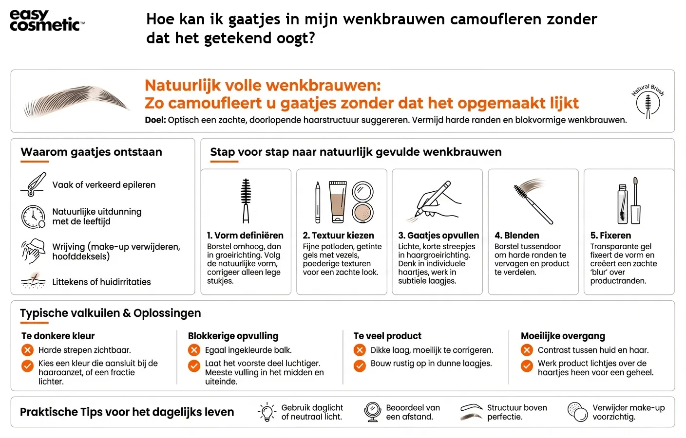 Hoe kan ik gaatjes in mijn wenkbrauwen camoufleren zonder dat het getekend oogt?