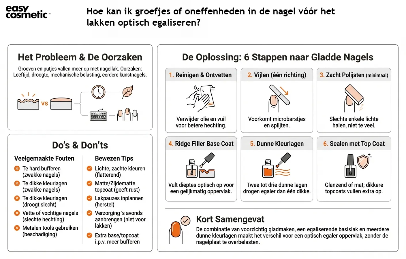 Hoe kan ik groefjes of oneffenheden in de nagel vóór het lakken optisch egaliseren?