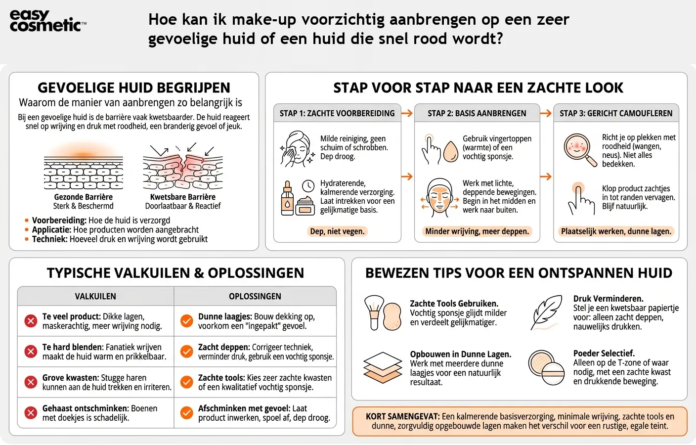Hoe kan ik make-up voorzichtig aanbrengen op een zeer gevoelige huid of een huid die snel rood wordt?