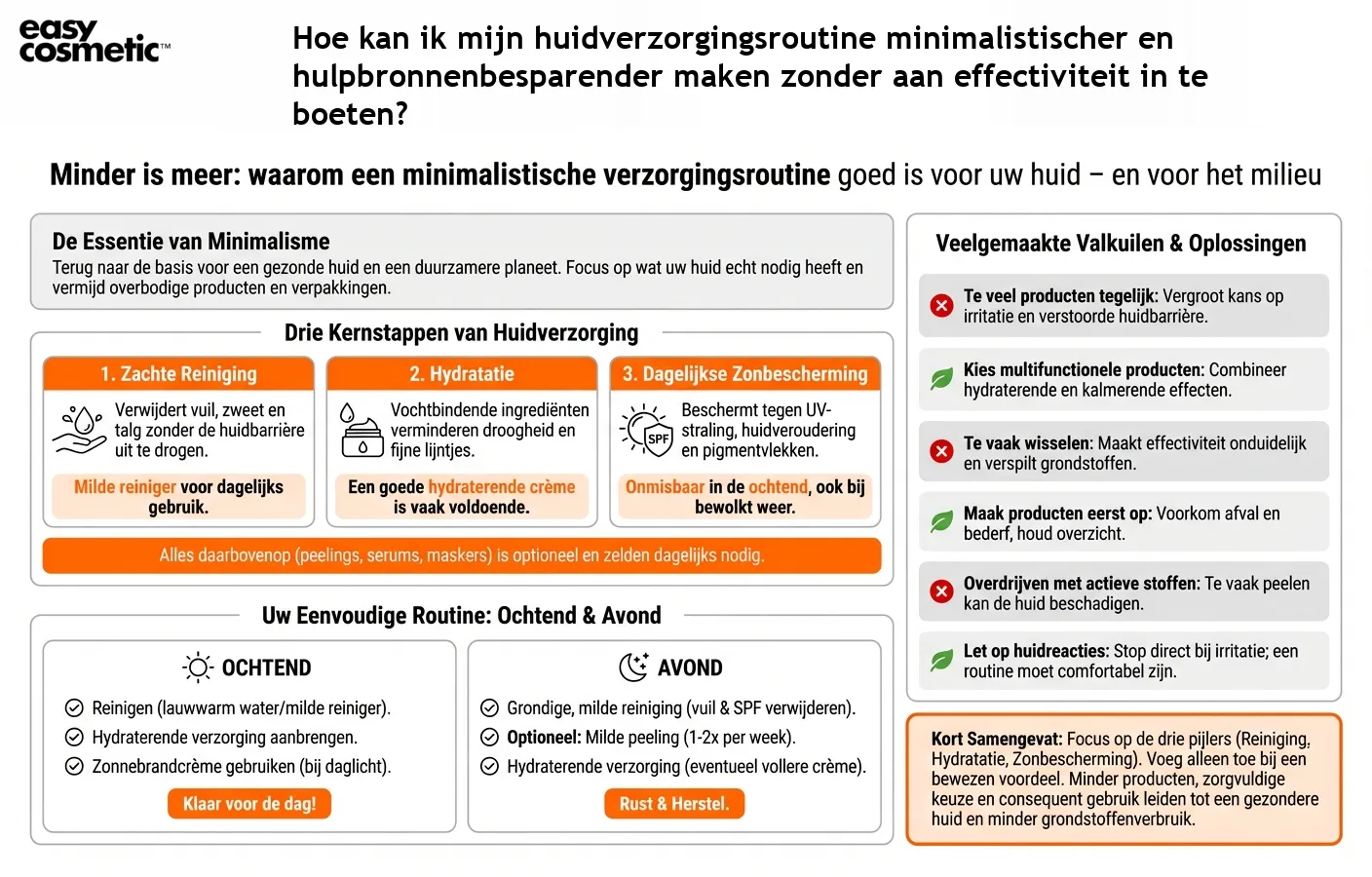 Hoe kan ik mijn huidverzorgingsroutine minimalistischer en hulpbronnenbesparender maken zonder aan effectiviteit in te boeten?