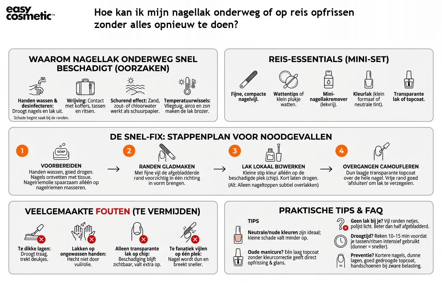 Hoe kan ik mijn nagellak onderweg of op reis opfrissen zonder alles opnieuw te doen?