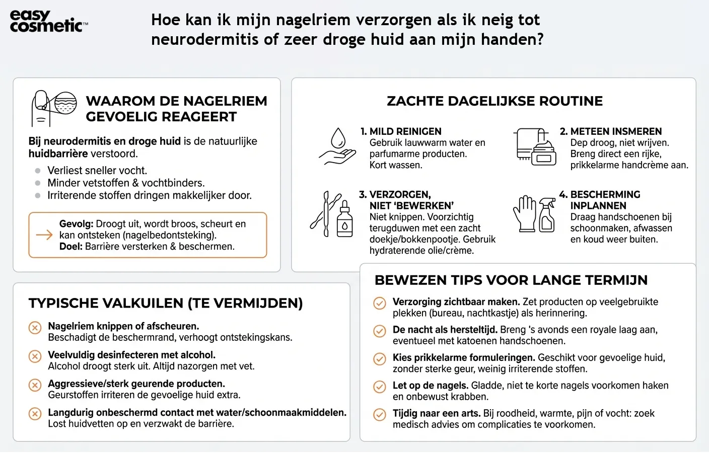Hoe kan ik mijn nagelriem verzorgen als ik neig tot neurodermitis of zeer droge huid aan mijn handen?