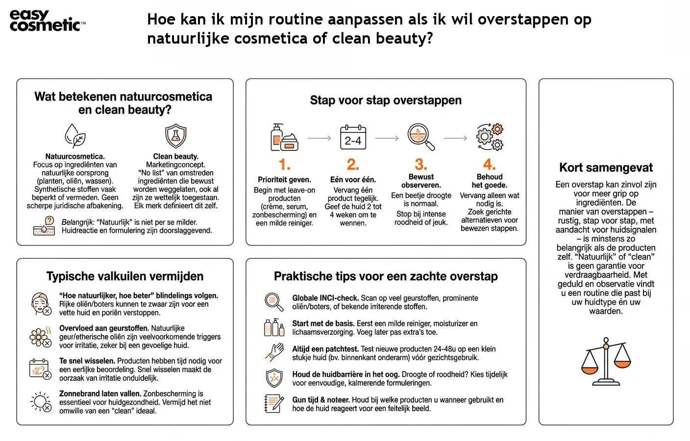 Hoe kan ik mijn routine aanpassen als ik wil overstappen op natuurlijke cosmetica of clean beauty?