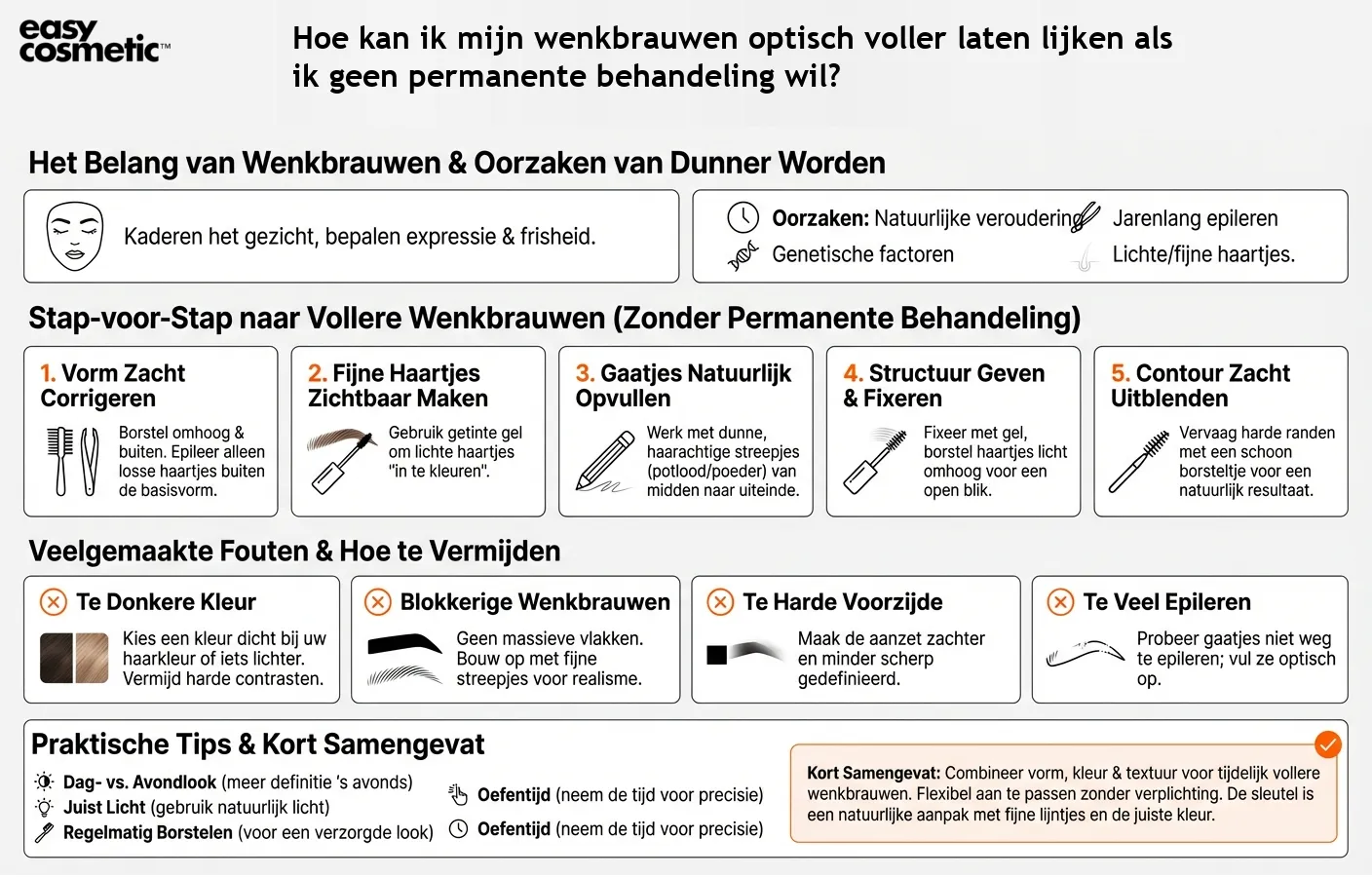 Hoe kan ik mijn wenkbrauwen optisch voller laten lijken als ik geen permanente behandeling wil?