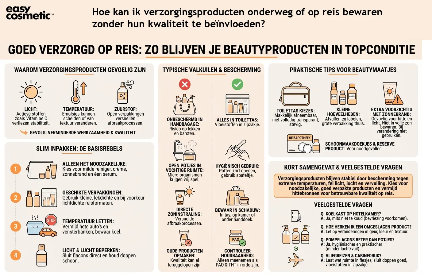 Hoe kan ik verzorgingsproducten onderweg of op reis bewaren zonder hun kwaliteit te beïnvloeden?