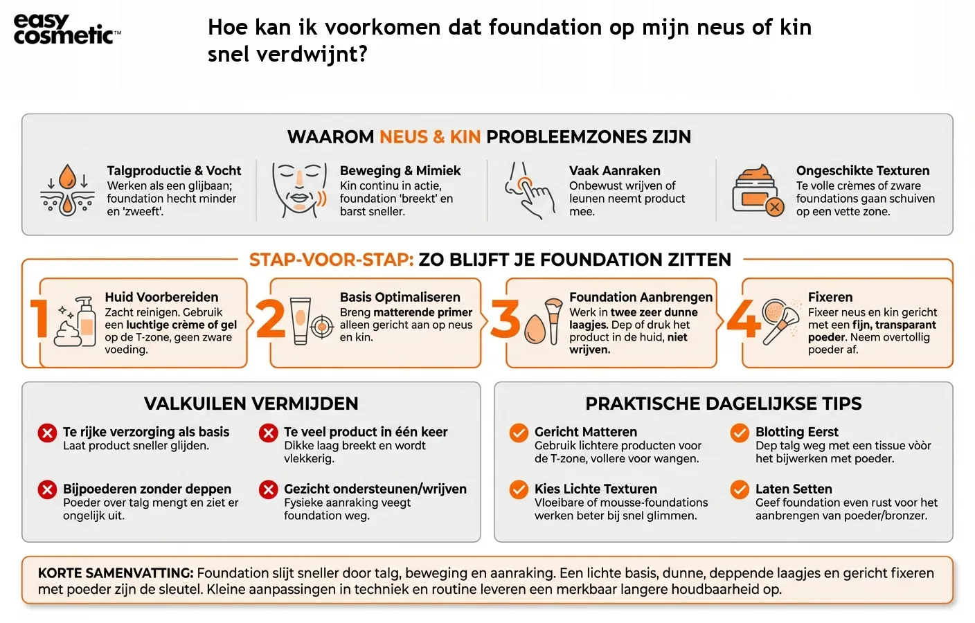 Hoe kan ik voorkomen dat foundation op mijn neus of kin snel verdwijnt?
