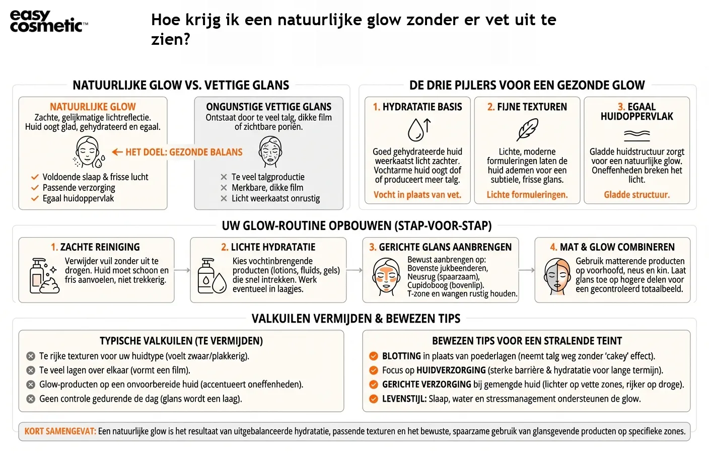 Hoe krijg ik een natuurlijke glow zonder er vet uit te zien?