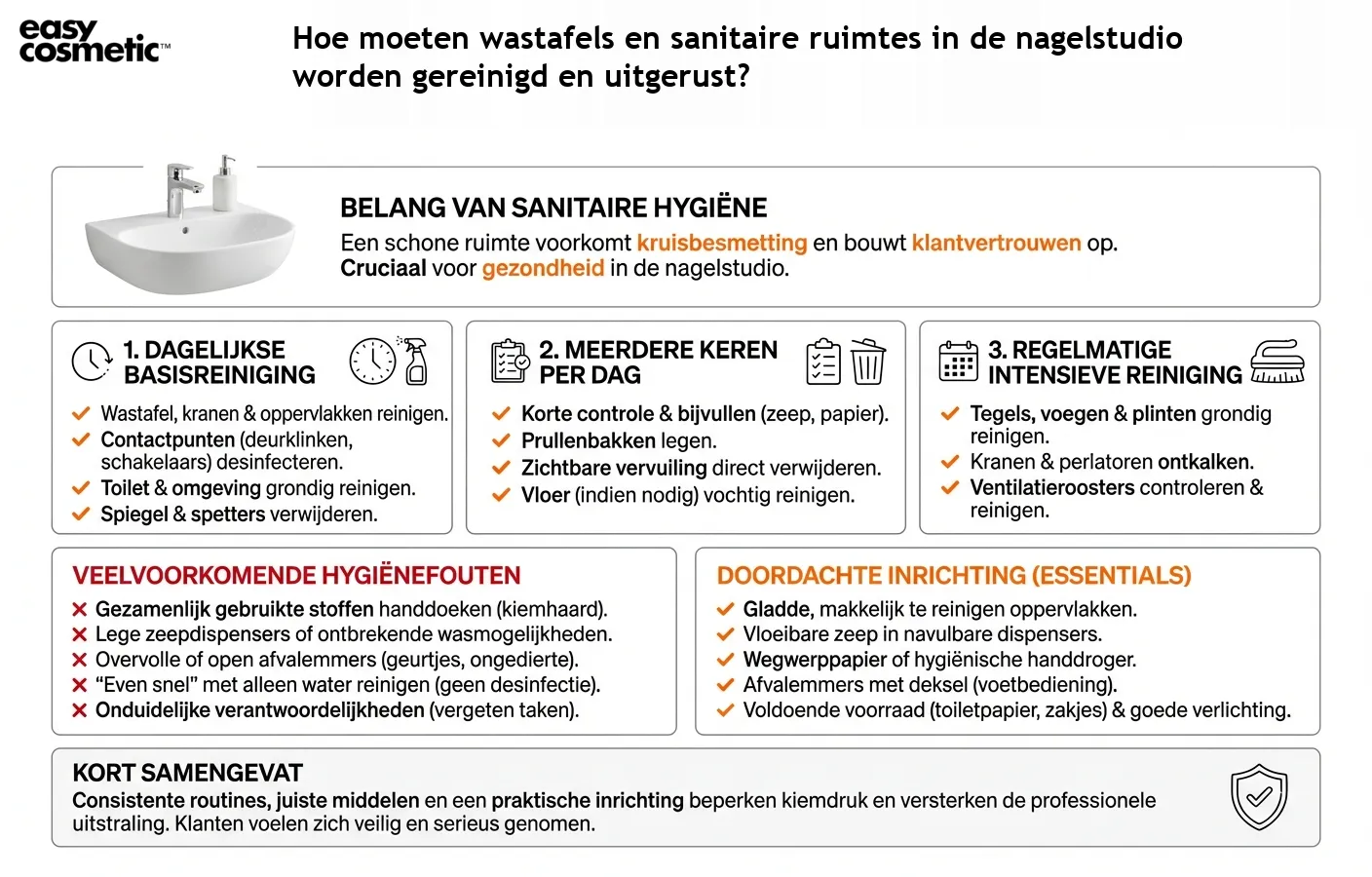Hoe moeten wastafels en sanitaire ruimtes in de nagelstudio worden gereinigd en uitgerust?