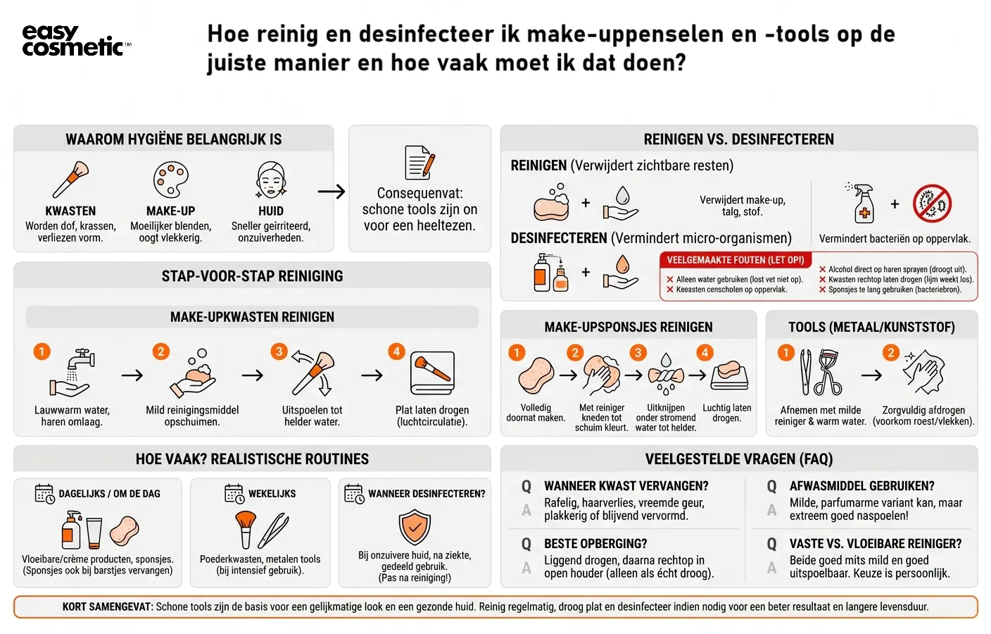 Hoe reinig en desinfecteer ik make-uppenselen en -tools op de juiste manier en hoe vaak moet ik dat doen?