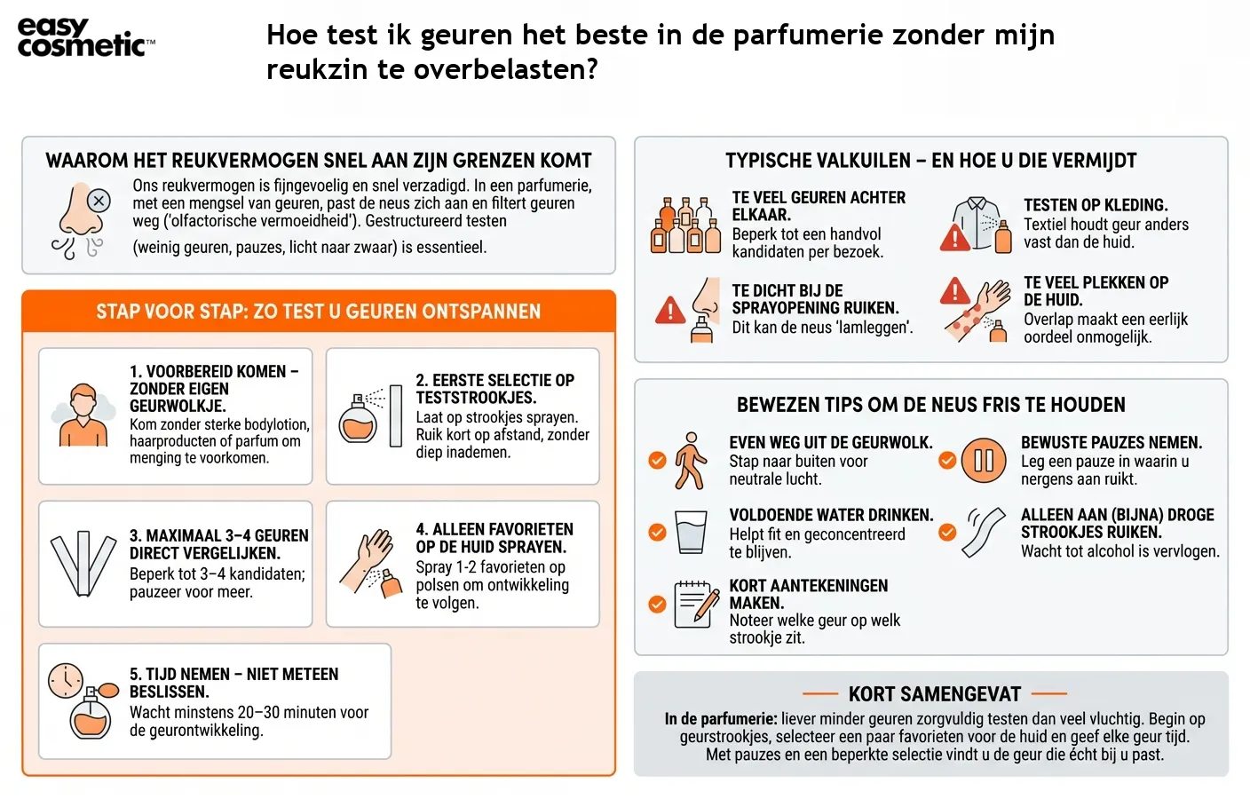 Hoe test ik geuren het beste in de parfumerie zonder mijn reukzin te overbelasten?