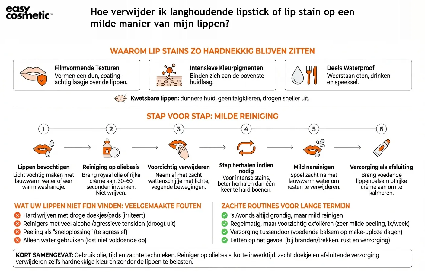 Hoe verwijder ik langhoudende lipstick of lip stain op een milde manier van mijn lippen?