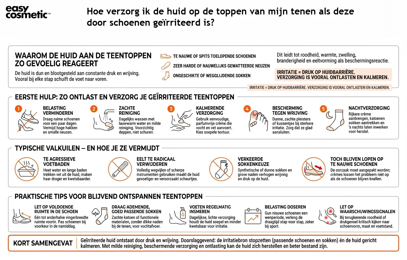 Hoe verzorg ik de huid op de toppen van mijn tenen als deze door schoenen geïrriteerd is?
