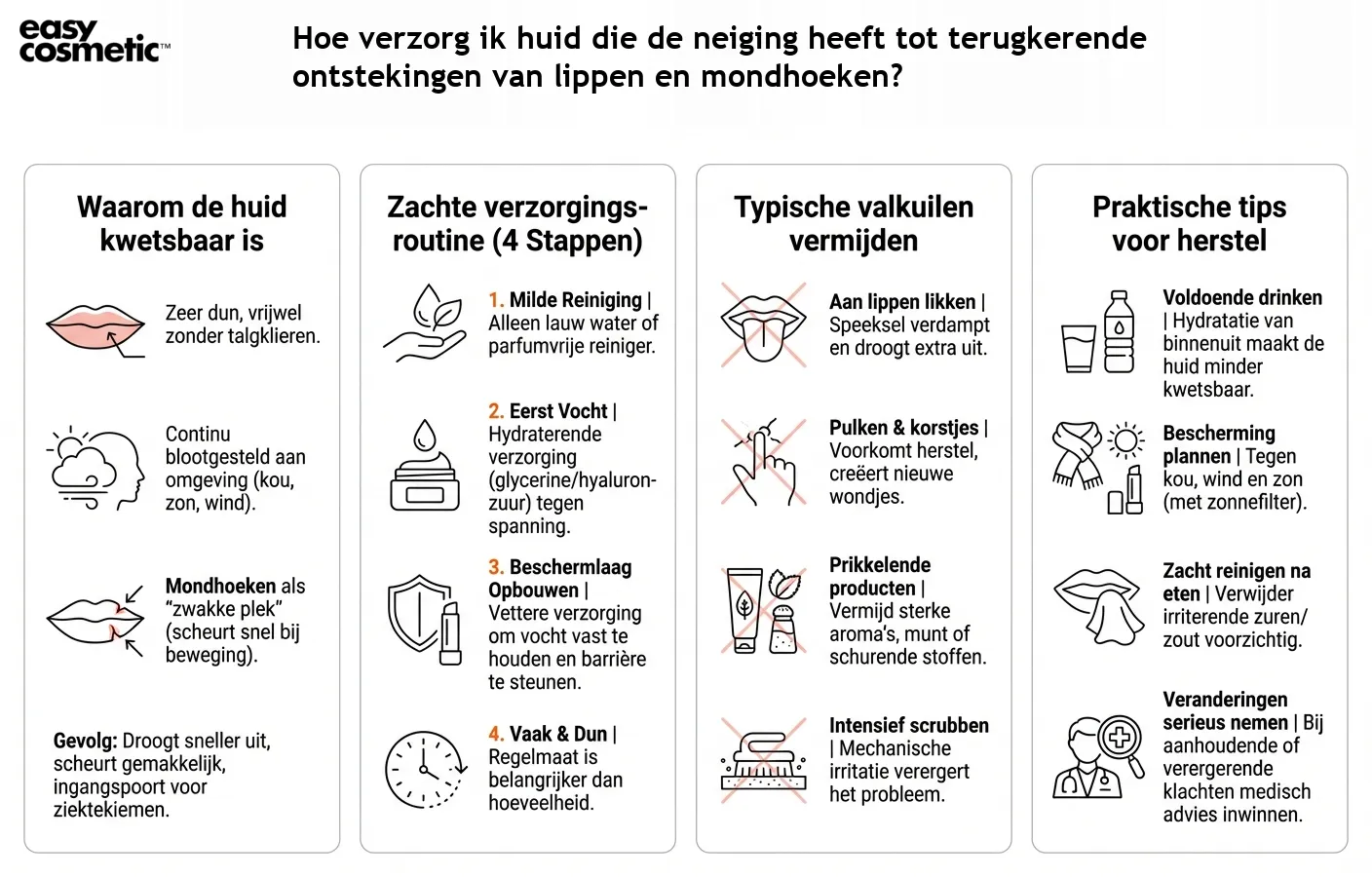 Hoe verzorg ik huid die de neiging heeft tot terugkerende ontstekingen van lippen en mondhoeken?