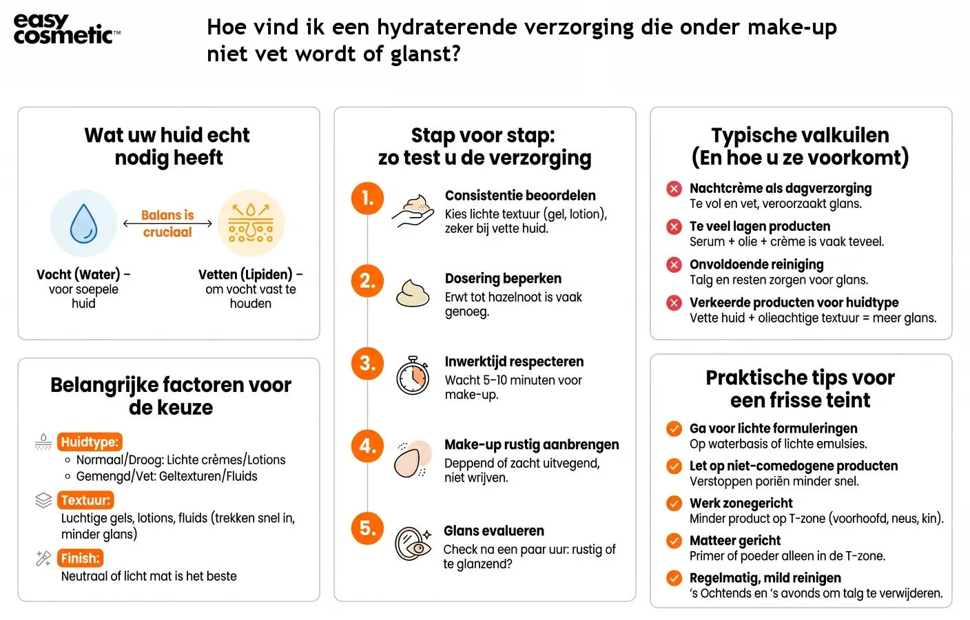 Hoe vind ik een hydraterende verzorging die onder make-up niet vet wordt of glanst?