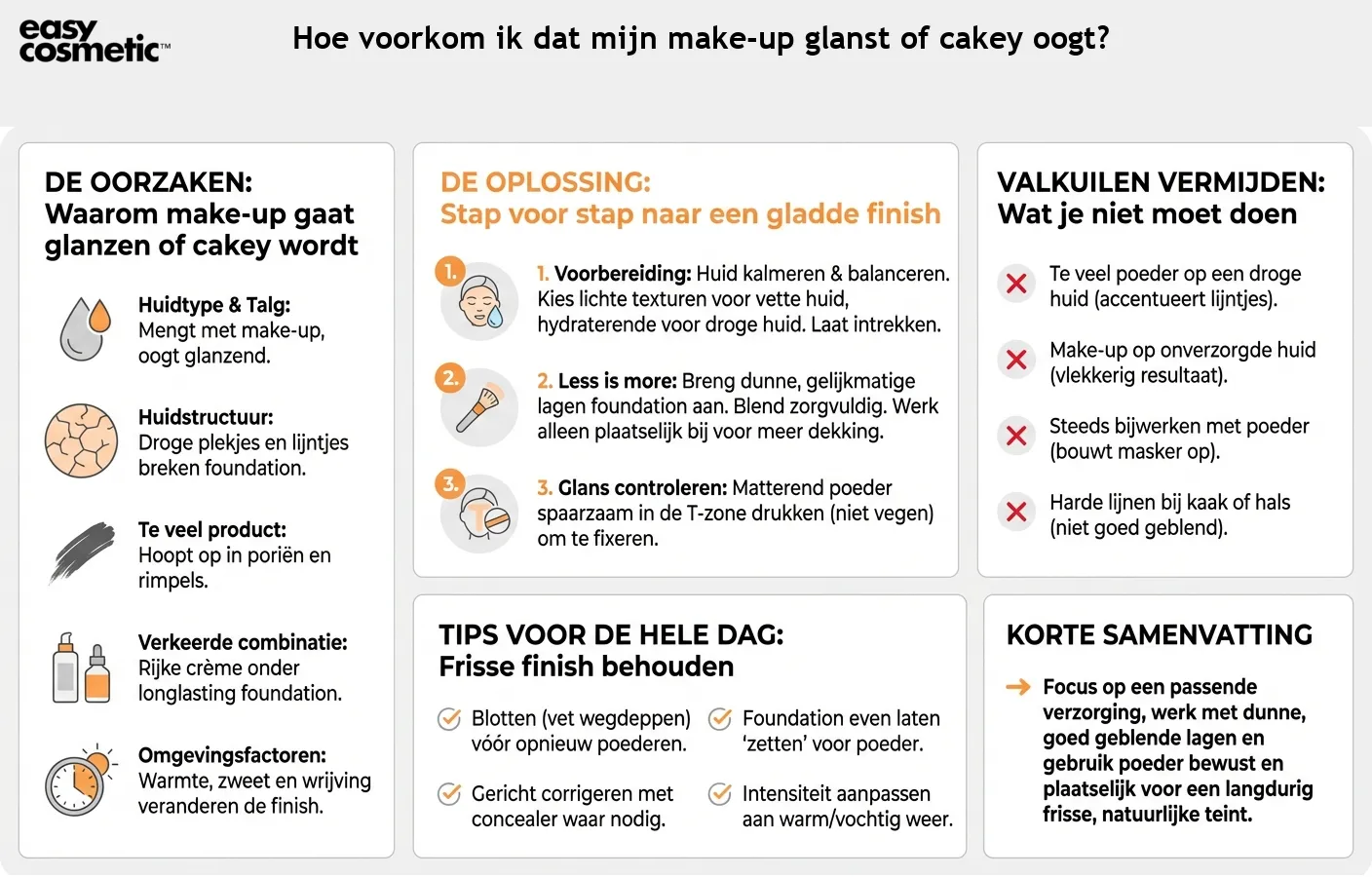 Hoe voorkom ik dat mijn make-up glanst of cakey oogt?
