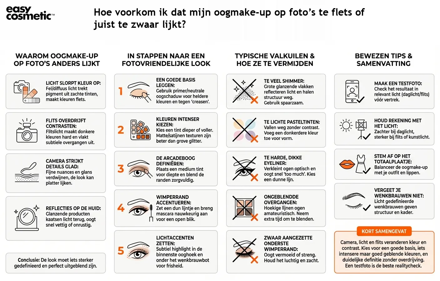 Hoe voorkom ik dat mijn oogmake-up op foto’s te flets of juist te zwaar lijkt?