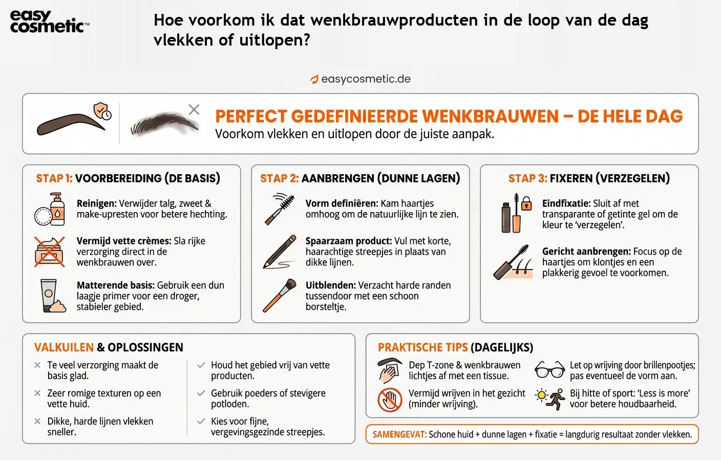 Hoe voorkom ik dat wenkbrauwproducten in de loop van de dag vlekken of uitlopen?