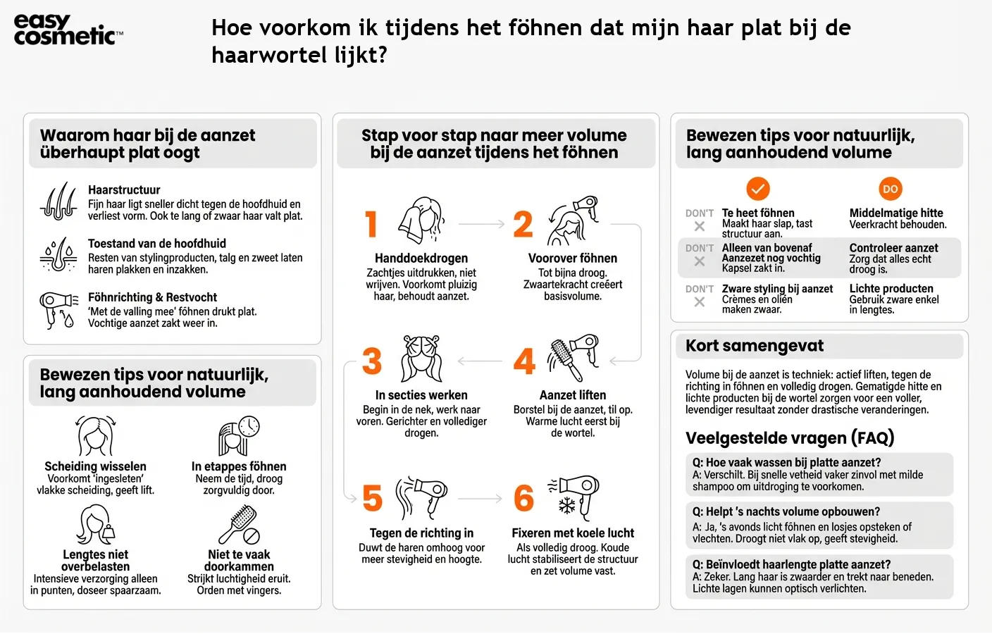 Hoe voorkom ik tijdens het föhnen dat mijn haar plat bij de haarwortel lijkt?