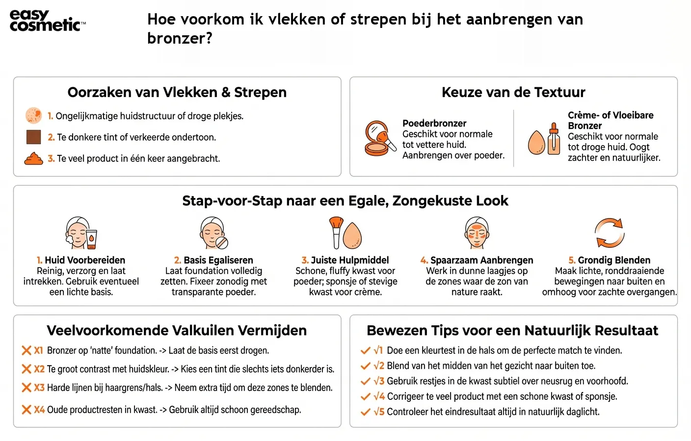 Hoe voorkom ik vlekken of strepen bij het aanbrengen van bronzer?