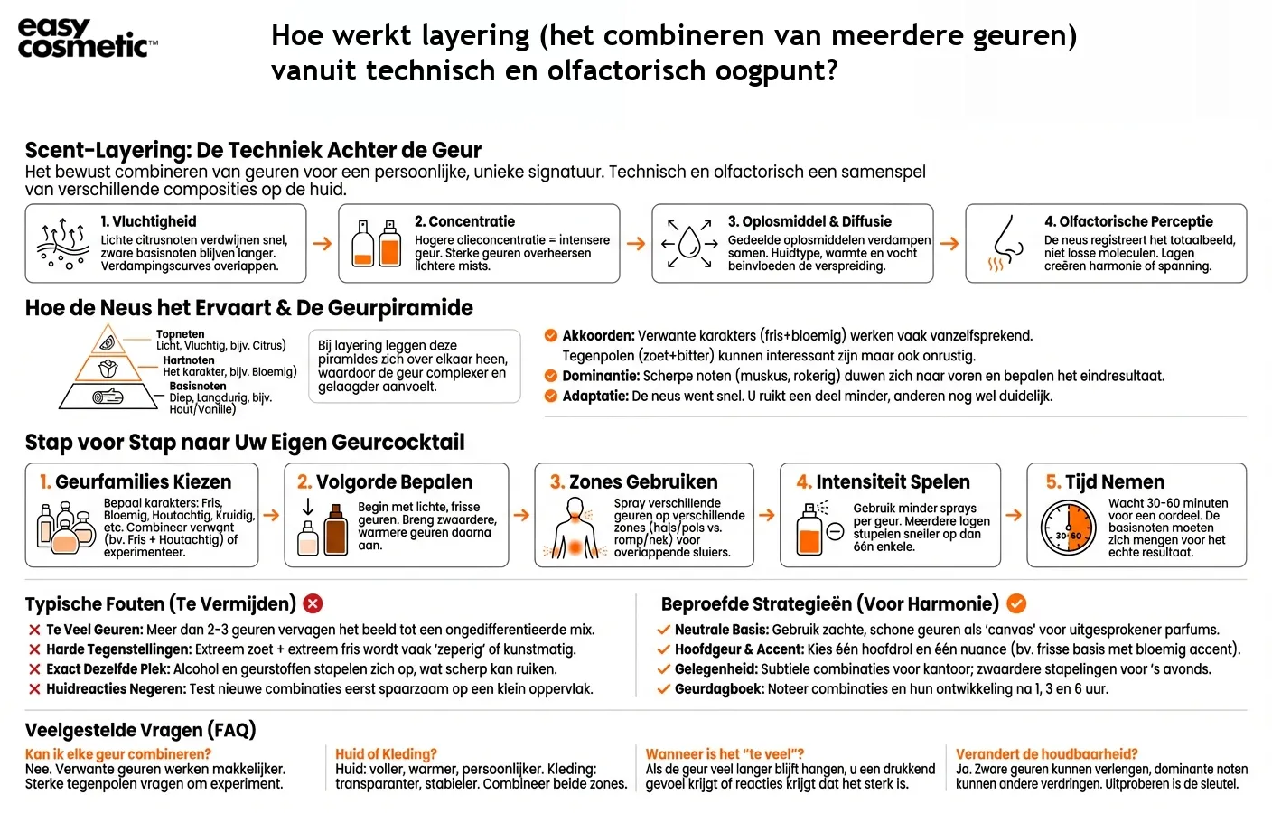 Hoe werkt layering (het combineren van meerdere geuren) vanuit technisch en olfactorisch oogpunt?