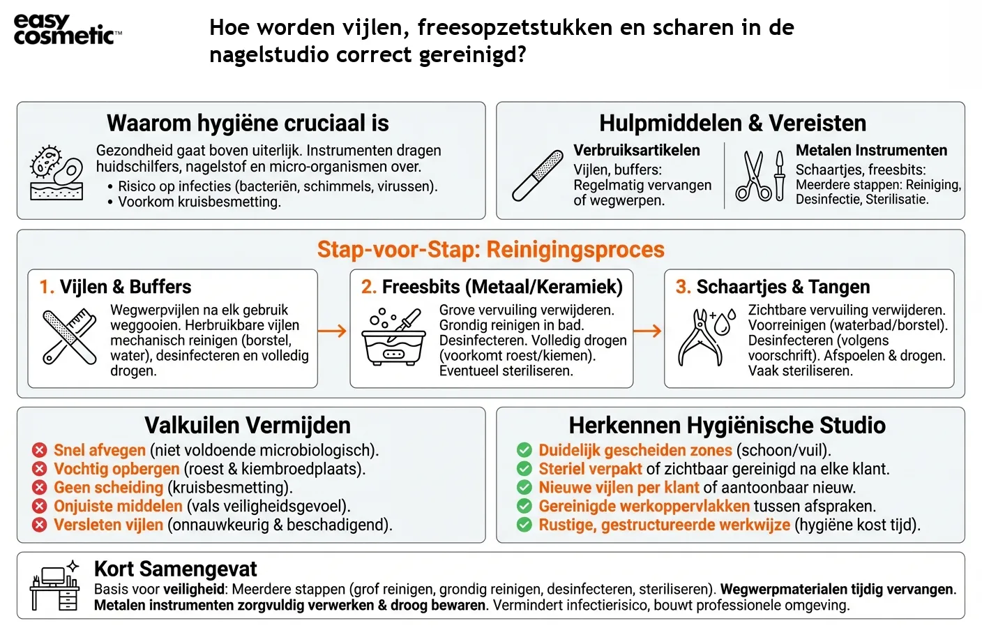 Hoe worden vijlen, freesopzetstukken en scharen in de nagelstudio correct gereinigd?