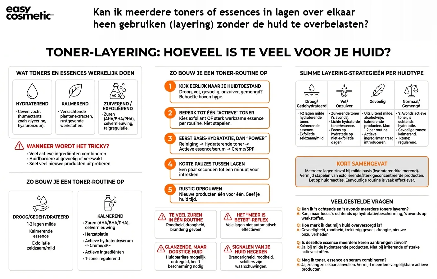 Kan ik meerdere toners of essences in lagen over elkaar heen gebruiken (layering) zonder de huid te overbelasten?