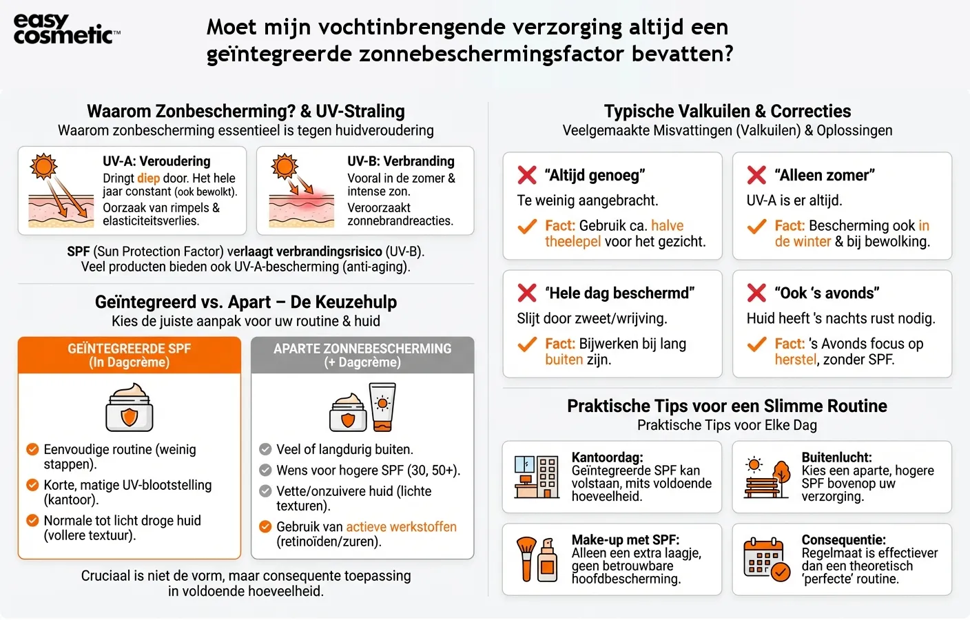 Moet mijn vochtinbrengende verzorging altijd een geïntegreerde zonnebeschermingsfactor bevatten?