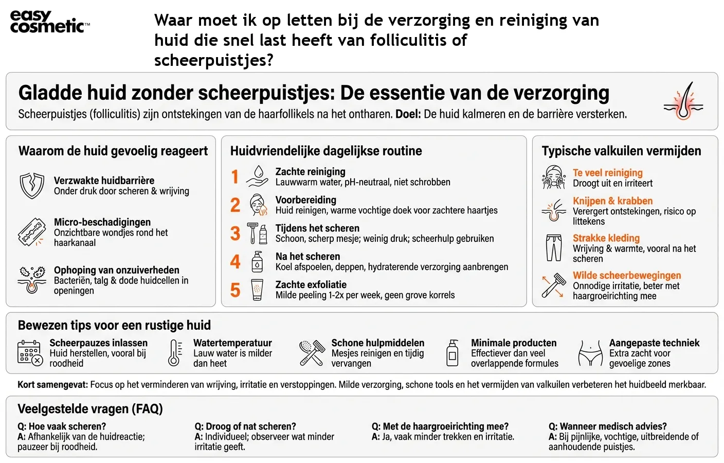 Waar moet ik op letten bij de verzorging en reiniging van huid die snel last heeft van folliculitis of scheerpuistjes?