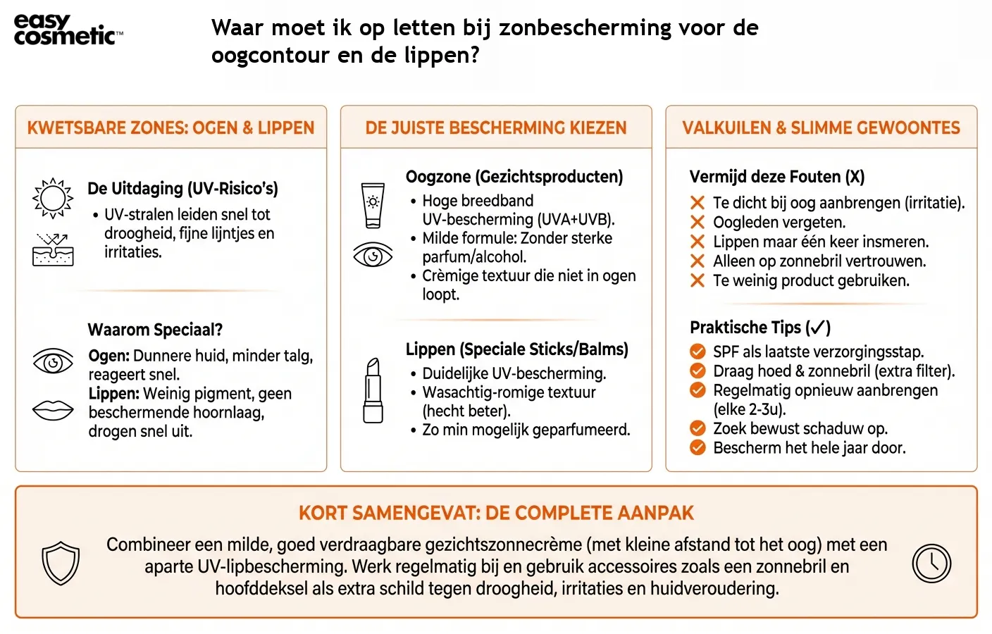 Waar moet ik op letten bij zonbescherming voor de oogcontour en de lippen?