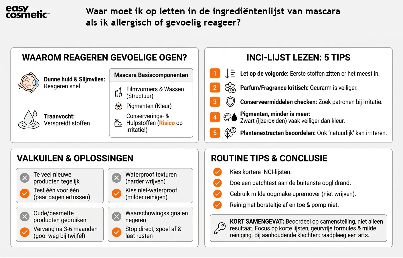 Waar moet ik op letten in de ingrediëntenlijst van mascara als ik allergisch of gevoelig reageer?