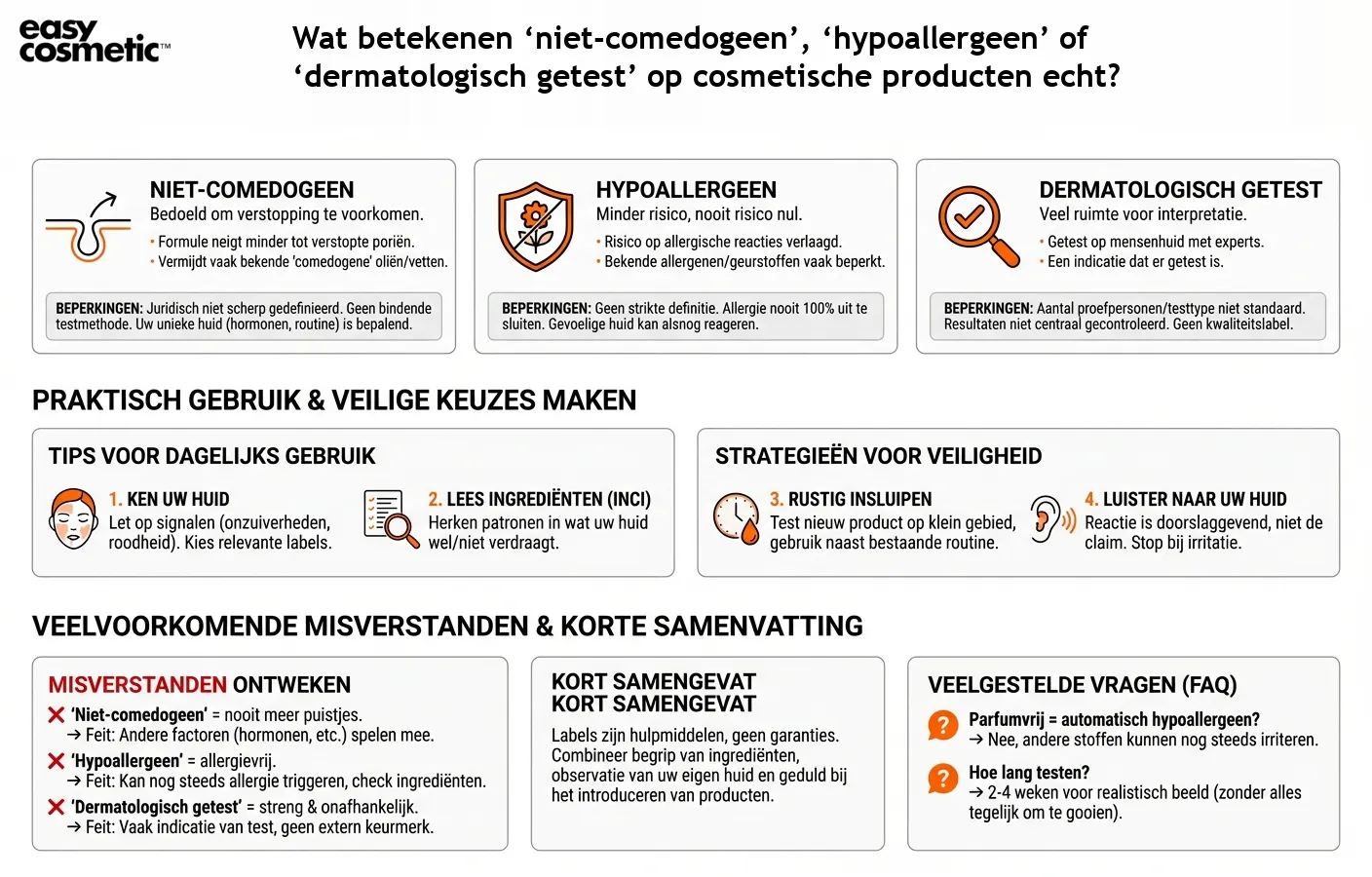 Wat betekenen ‘niet-comedogeen’, ‘hypoallergeen’ of ‘dermatologisch getest’ op cosmetische producten echt?