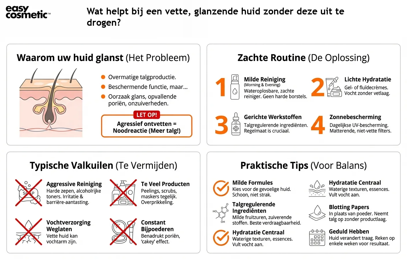 Wat helpt bij een vette, glanzende huid zonder deze uit te drogen?