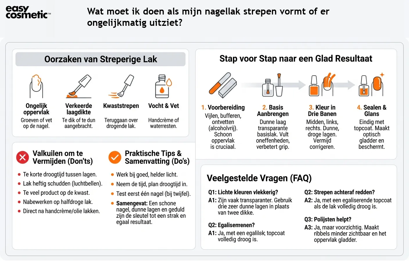 Wat moet ik doen als mijn nagellak strepen vormt of er ongelijkmatig uitziet?