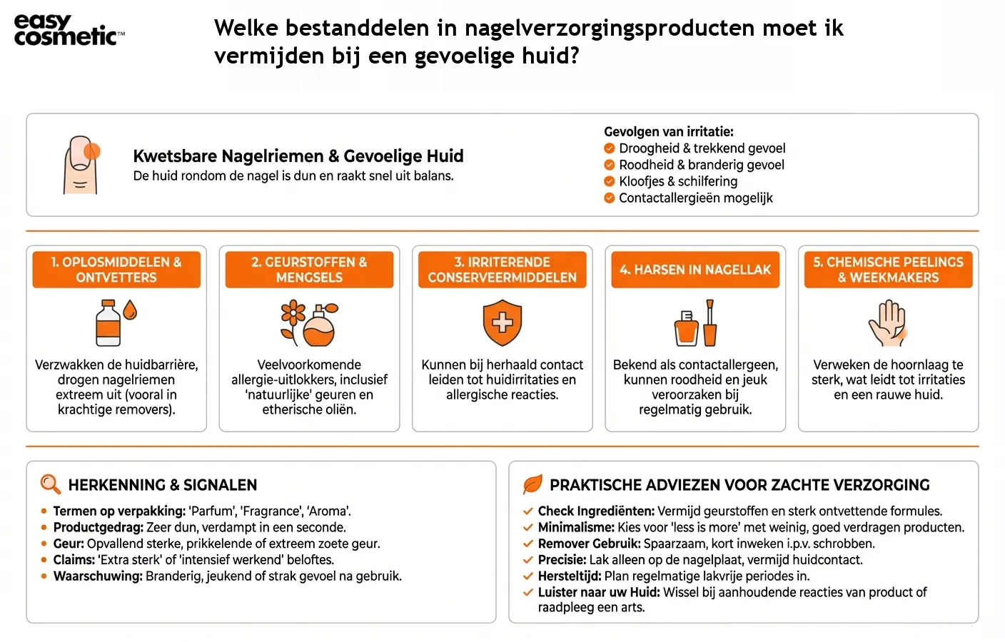 Welke bestanddelen in nagelverzorgingsproducten moet ik vermijden bij een gevoelige huid?