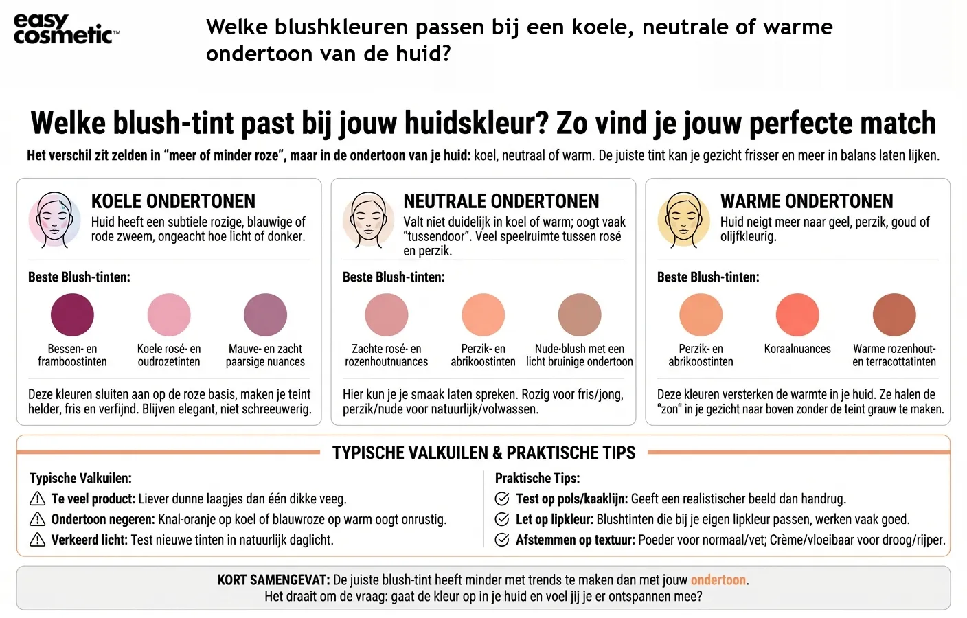Welke blushkleuren passen bij een koele, neutrale of warme ondertoon van de huid?